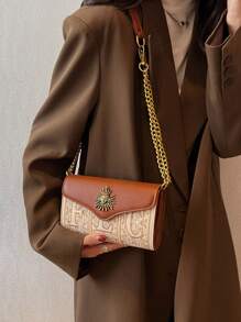 Mini Letter Embroidery Flap Square Bag Metal Decor Fashionable - Brown - View 3