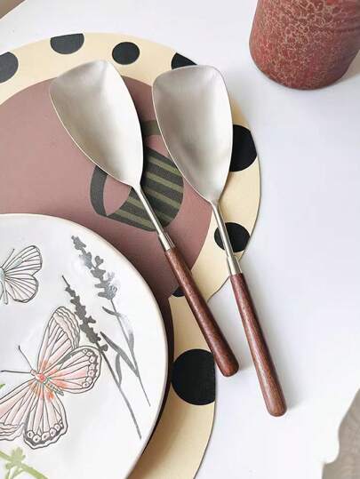2pcs Walnut Wood Kitchen Serving Spoon, Ladle And Spatula Stainless Steel Cookware Set