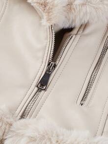 女式仿皮夹克，配有优雅的仿皮草领子、腰带和温暖的复古风格 - 非常适合秋冬季节 - 米色 - 查看 7