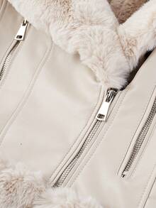 女式仿皮夹克，配有优雅的仿皮草领子、腰带和温暖的复古风格 - 非常适合秋冬季节 - 米色 - 查看 8