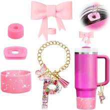Set de 5 accesorios para tazas de 30oz y 40oz, decoraciones con iniciales para tumblers, que incluye tapa y funda de silicona para pajita, tapa a prueba de derrames, y dije para asa