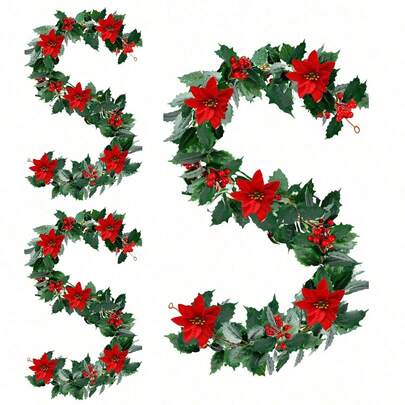 1 件人造植物藤蔓，带红色浆果和花环，用于圣诞节装饰，适合室内/室外壁炉、冬季节日家居装饰