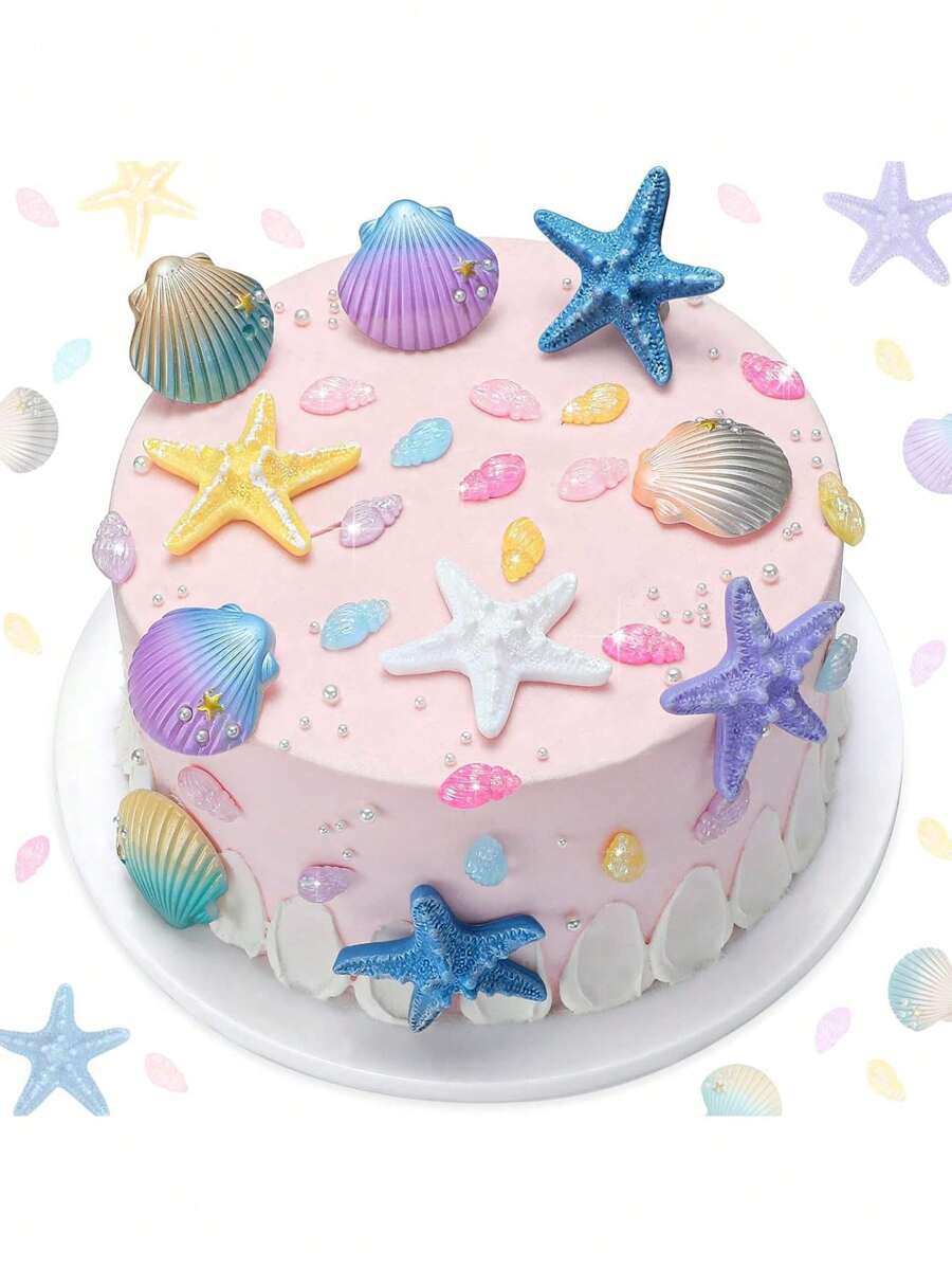 1pc Or 8pcs Starfish Cake Toppers Undersea Party Theme Birthday Party Cake Toppers, Mermaid Birthday Party, Christening Ceremony Cake Toppers - Multicolor - View 1