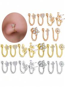 7 件不锈钢假鼻环套装点钻五角星爱叶蝴蝶多款式身体穿孔首饰男女皆宜使用方便，佩戴舒适，无需穿孔 - 假鼻環 - 查看 1