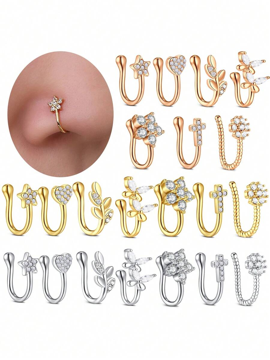 7 件不锈钢假鼻环套装点钻五角星爱叶蝴蝶多款式身体穿孔首饰男女皆宜使用方便，佩戴舒适，无需穿孔 - 假鼻環 - 查看 1