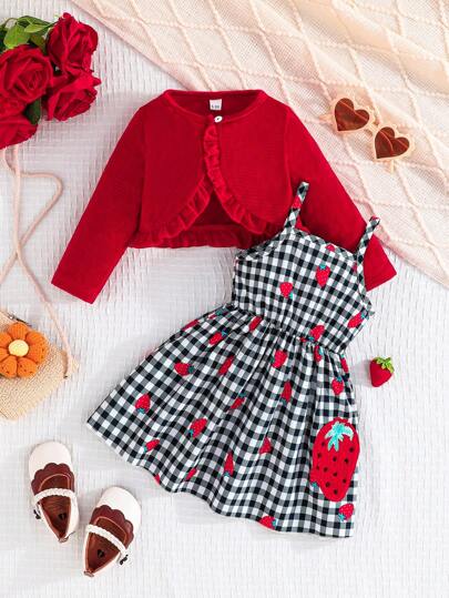 2 piezas/Set Conjunto de chaqueta con cuello de volantes y vestido de tirantes con estampado de fresa para bebé recién nacida niña, conjunto elegante