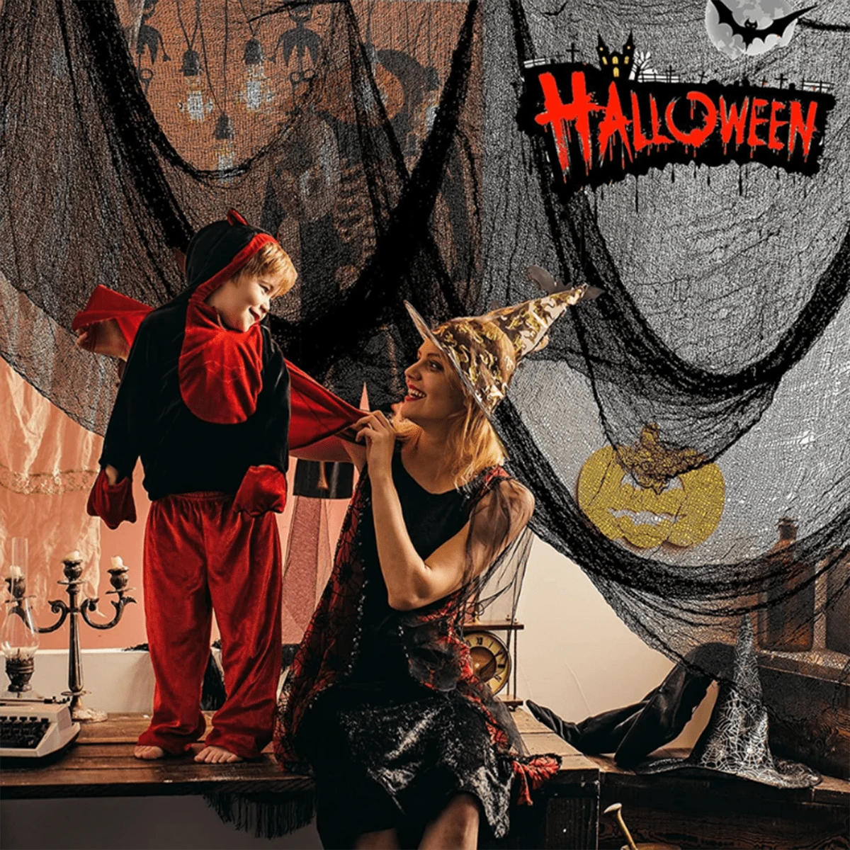 1 tấm vải tuyn đen đa năng dùng làm phông nền cho tiệc Halloween, vật dụng cho tiệc ngày lễ - màu đen - Xem 1