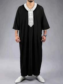 Men's 3/4 Sleeve V-Neck Robe, Muslim Men Thobe