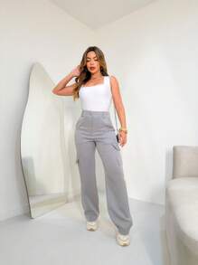 YING ZI Wide Leg Buckle Pocket Color Tailoring Pants - Xám - Xem 3