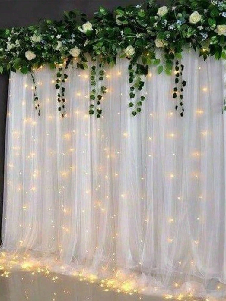 6 piezas Cortina de telón de fondo blanco transparente, cortina de voile blanca para arco de boda con luces de cadena, cortina de tul transparente de 500*160cm para decoración de arco de boda, techo, adecuada para boda, fiesta de cumpleaños, decoración del hogar, accesorios fotográficos, regreso a clases, Día de San Valentín y otras ocasiones - Blanco - Añade 9