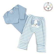 Long Sleeve Bodysuit And Reversible Footed Romper Set In Embroidered Cotton Suede For Babies - Màu xanh nhạt - Xem 1