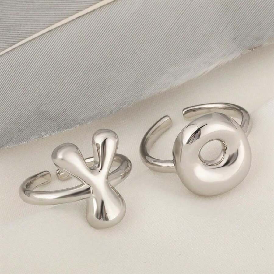 1 chiếc nhẫn chữ cái mạ vàng thời trang, nhẫn hở cổ điển tối giản A-Z, quà tặng trang sức dự tiệc cho phụ nữ - Bạc - Xem 1