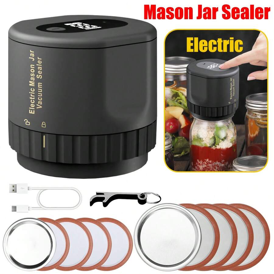 Electric Mason Jar Vacuum Sealer Kit, USB Rechargeable Vacuum Sealer Food Saver Storage, With Opener And Canning Lids Handheld Vacuum Sealer Machine, For Wide Mouth And Regular Mouth Mason Jars - Black - View 1