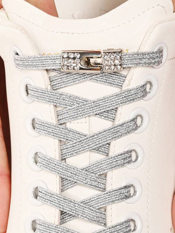 زوج من أربطة الأحذية المرنة الخالية من الربط الخرز البيضاء المرصعة بالراين، مناسبة لأحذية الرياضة والأحذية اليومية، الأحذية البيضاء، أحذية كرة السلة، أحذية التدريب