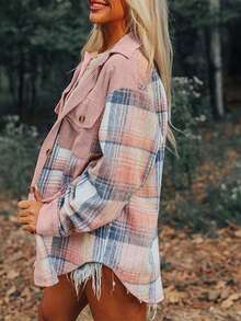 Ladies' Young And Fashionable Checkered Patchwork Long Sleeved Lapel Autumn And Winter New Shirt Jacket Casual Pink - Pink - View 3