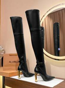 Pointed Toe Gold High Heel Sexy Thigh High Boots, Fashion Slim Fit Elastic Stiletto Dress Boots For Party/Holiday/Ball, Autumn & Winter