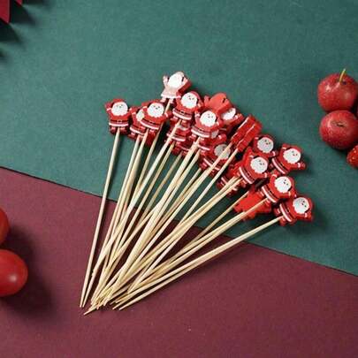 50 件/100 件圣诞水果签，一次性竹签，带雪花、圣诞树、驯鹿、圣诞老人和雪人装饰