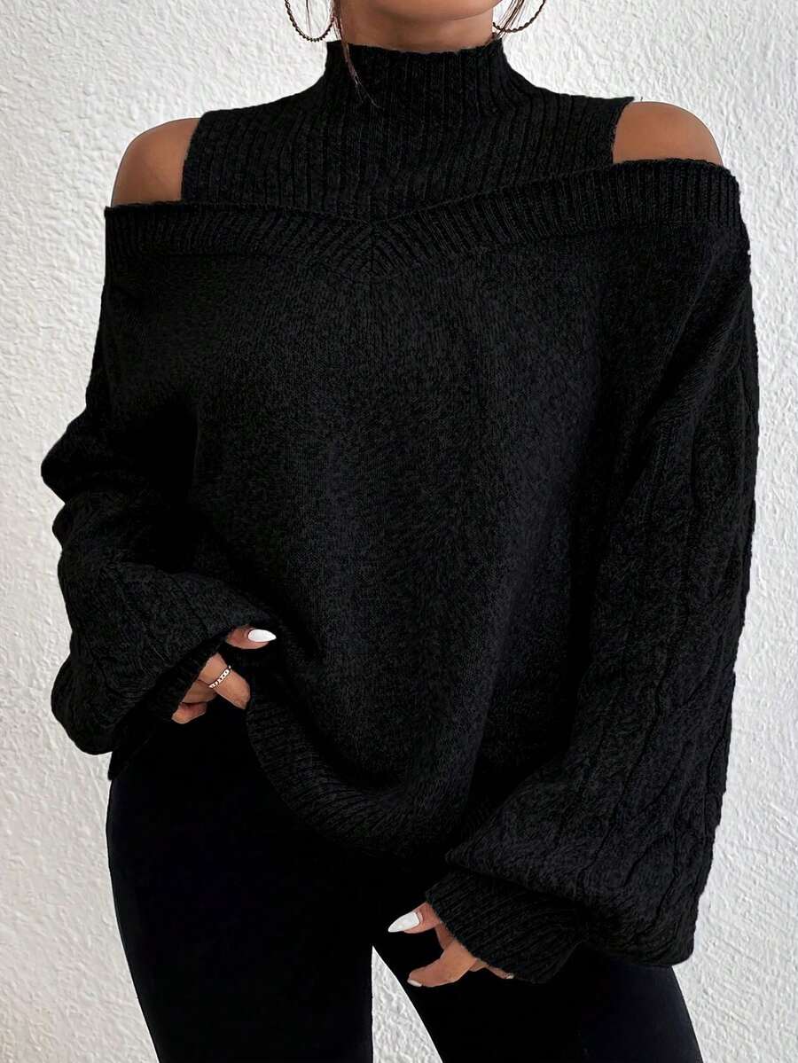 Plus Size Casual High Neck Open Shoulder Loose Knitted Pullover - Black - View 1