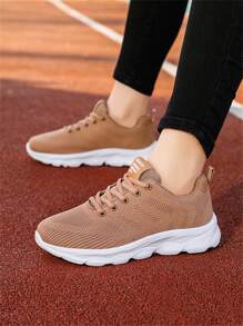 Women's Brown Knit Fabric Casual Sports Sneakers, Comfortable Flat Soft Bottom Lightweight Workout Running Shoes For Spring/Summer