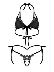 1set Women Sexy Butterfly Fishnet Lingerie Set, Unique Design Intimate Apparel For Valentine's Day, Anniversary, Date Night, Halloween, Christmas, Gift, Honeymoon - Black - View 5