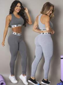 CR FITNESS Kit 2 Sets Gym Top And Exposed Elastic Leggings - Light Grey - View 1