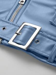 Risissida 女士秋冬街头风仿皮短款机车夹克 - 不对称拉链，可调节腰带，时尚都市通勤装扮 - 藍色 - 查看 9