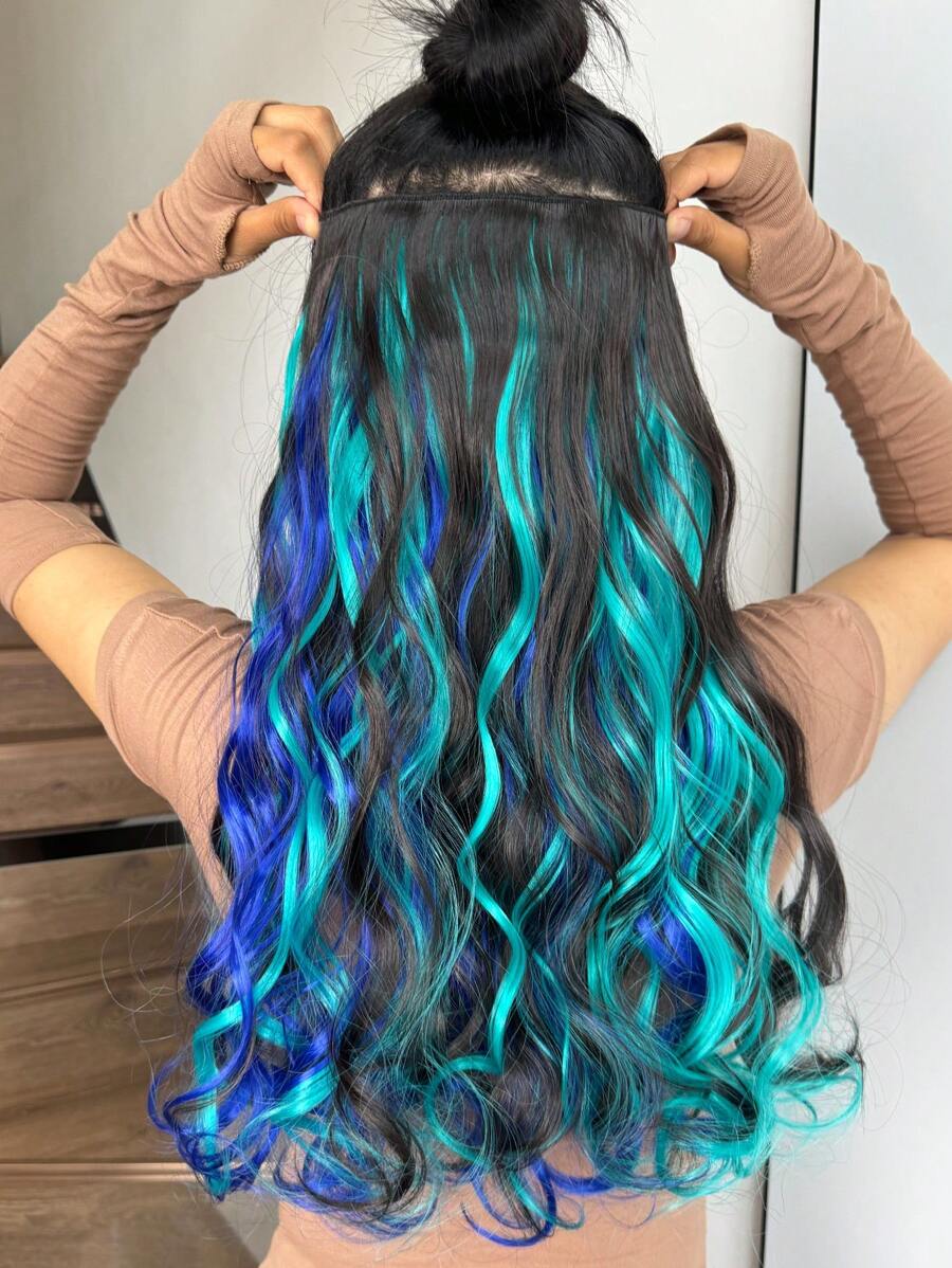 Unsichtbare Haarverlängerungen mit justierbarer Größe, 5 sicheren Clips, 50 cm lange, wellige, lockige synthetische Haarverlängerung als Haareinlage (Schwarz, Grün, Blau) Highlight für Frauen, Halloween