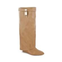Padlock Detail Fold Over Wedge Knee High Boots - Black Suede - View 3