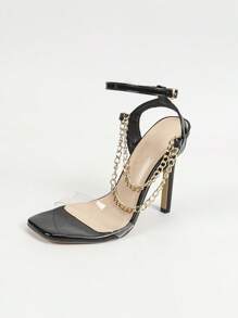 Jin Bei Qi Spring/Summer Women's Transparent Glass Jelly Strap Buckle Metal Chain Square-Toe Stiletto High Heel Sandals, Elegant, Luxurious, Party, Sexy, Black High Heels,Stilletos Heels - Black - View 8