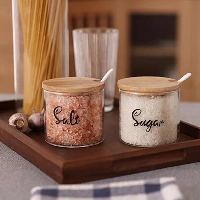 GDCZ 1 pezzo Set Barattoli vetro 12oz per zucchero, sale, pepe con coperchi in legno, cucchiaini in ceramica - Comprende ciotola zucchero con coperchio e cucchiaio, contenitori da cucina multifunzione, ciotole decorative sale e pepe da tavola, bottiglie in vetro