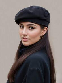1pc Women Autumn Beret Hat, Simple Solid Color, Button Decoration, Versatile, Leisure Beanie, Retro Artist Cap, Elegant, Warm Halloween - Multicolor - View 12