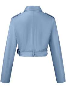 Risissida 女士秋冬街头风仿皮短款机车夹克 - 不对称拉链，可调节腰带，时尚都市通勤装扮 - 藍色 - 查看 5