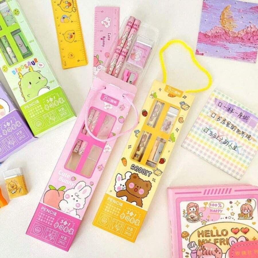 1 套文具 5 件/套，卡通宇航员设计，铅笔，尺子，卷笔刀，橡皮擦，学习用品礼物 - 彩色 - 查看 1