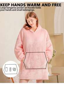 Oversized Hoodie Blanket, Super Soft Warm Wearable Fluffy Blanket, Cosy Comfy Hooded Sherpa Sweatshirt For Women Girls Adults Men Boys Kids Big Pocket - Pink - View 4
