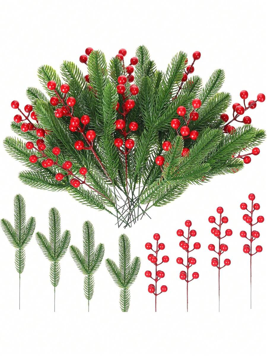 10 cành thông nhân tạo và 10 cành quả mọng mùa đông, lá thông nhựa màu xanh lá cây, vật liệu trang trí Giáng sinh tự làm cho vòng hoa và trang trí ngày lễ (Phong cách cổ điển) Trang trí nhà Trang trí Giáng sinh Trang trí phòng - đỏ xanh - Xem 1