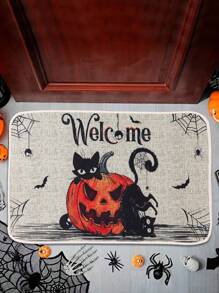 1pc 40*60cm Polyester Halloween Decorative Doormat, Floor Mat, Cute Black Cat Pumpkin Design Decorative Non-Slip Floor Mat For Halloween Party Kitchen Bedroom Bathroom Holiday Home Decoration Carpet, Halloween Gift Mat, Halloween Ornaments