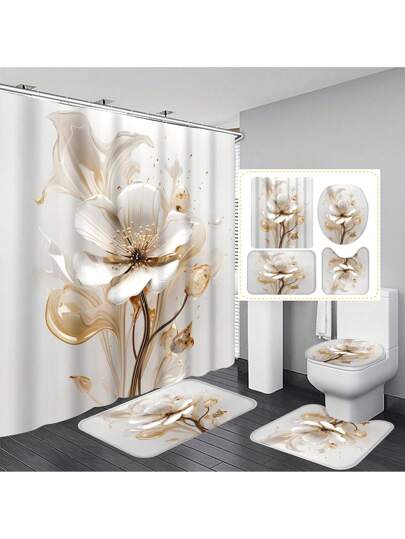 1pc/4pcs Elegant Floral Bathroom Curtain Set, Includes Bathroom Mat And U-Shaped Toilet Cover, Waterproof Polyester, 71*71 Inches With 12 Hooks, Washable, Bathroom Decor Fall Decor Bathroom Accessories Back To School