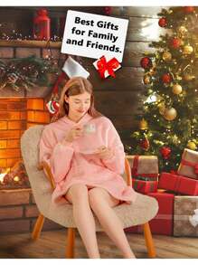 Oversized Hoodie Blanket, Super Soft Warm Wearable Fluffy Blanket, Cosy Comfy Hooded Sherpa Sweatshirt For Women Girls Adults Men Boys Kids Big Pocket - Pink - View 3