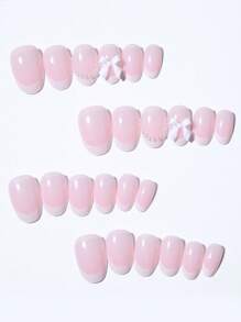 24pcs Short Oval White French Tip Press On Nails Short Bow With Pearls Design Design Fit Perfectly Acrylic False Nail Set,Contain 1pc Jelly Glue And 1pc Nail File, French Tip Nial For Women And Girls To DIY Daily Work Study And Party Use