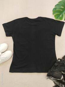 Women's Short Sleeve Cotton Printed T-Shirt - 黑色 - 查看 2