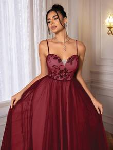 Váy dự tiệc dây mảnh thêu kim sa lưới, váy dạ hội bán trang trọng thanh lịch, cho sinh nhật, khách dự tiệc cưới, tiệc tốt nghiệp - Màu Đỏ Sâu - Xem 3