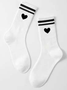 1pair Men Heart & Striped Pattern Fashion Crew Socks For Daily Life - Black and White - View 7