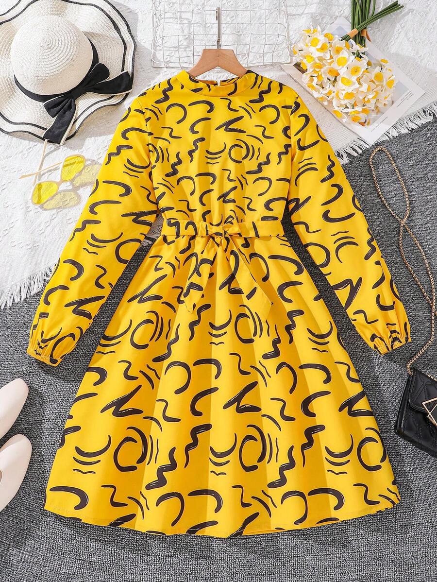Girls (Large) Floral Pattern Stand Collar Long Sleeve Dress, Spring Autumn - Yellow - View 1