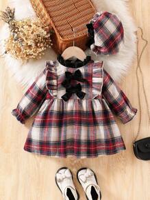 Baby Girl Fashion Plaid Woven Fabric Spliced Velvet Ruffle Collar Bow Decoration Concealed Zipper Back Long Sleeve Dress With Hat
