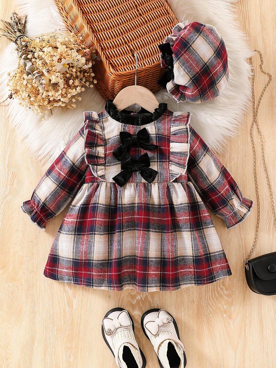 Baby Girl Fashion Plaid Woven Fabric Spliced Velvet Ruffle Collar Bow Decoration Concealed Zipper Back Long Sleeve Dress With Hat