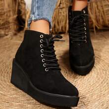 Nowe damskie buty za kostkę, modne sznurowane buty na platformie i krótkie botki - Czarne - Zobacz 7