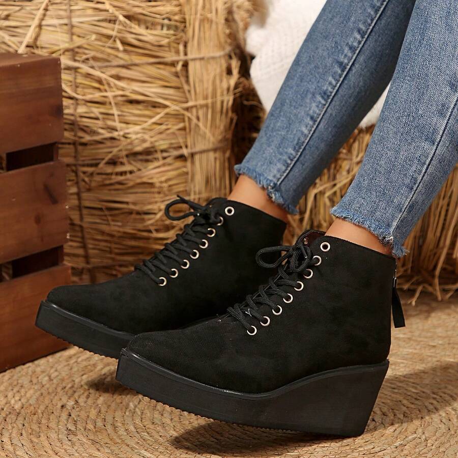 Nowe damskie buty za kostkę, modne sznurowane buty na platformie i krótkie botki - Czarne - Zobacz 1