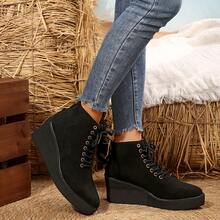 Nowe damskie buty za kostkę, modne sznurowane buty na platformie i krótkie botki - Czarne - Zobacz 4