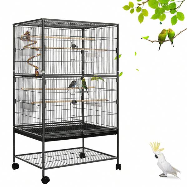 Gaiola grande, gaiola de metal, criador de pássaros com 4 rodas, gaiola para periquitos com tigela de comida, brinquedo de gaiola, balanço para pássaros com 2 portas, 4 postes de madeira, 132 x 78 x 52 cm