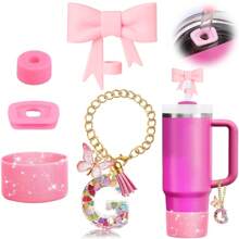Set de 5 accesorios para tazas de 30oz y 40oz, decoraciones con iniciales para tumblers, que incluye tapa y funda de silicona para pajita, tapa a prueba de derrames, y dije para asa